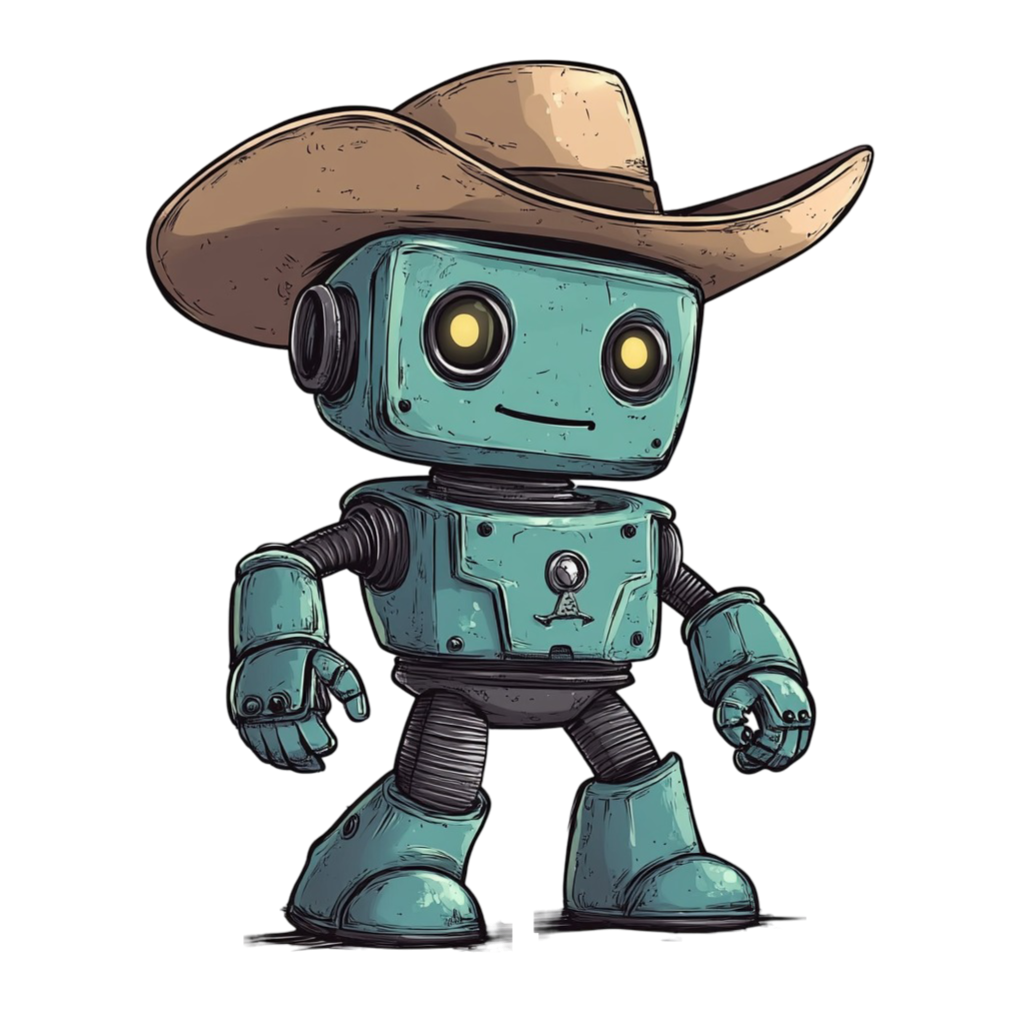 green cartoonish robot wearing a cowboy hat